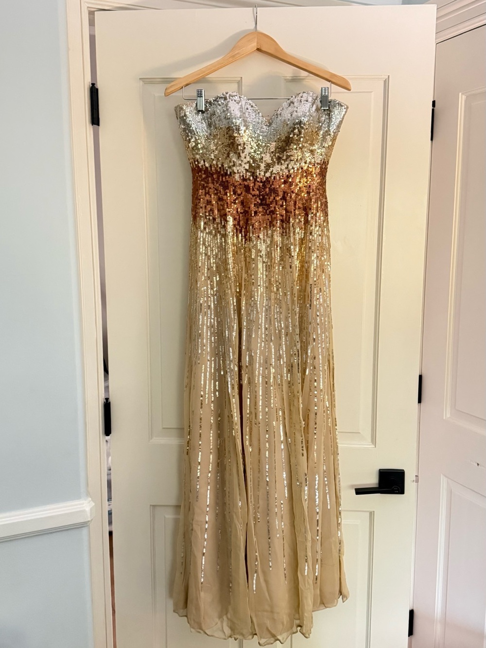 La Femme Gold Sequin Strapless Evening Dress